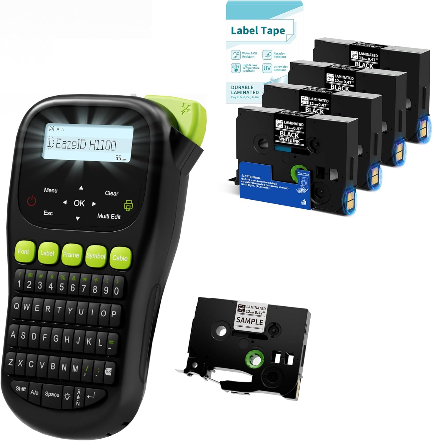 H1100 Labeler Machine with 5PK Black Tapes Laminated, Black Label Maker with Keyboard, Handheld Labeler with Backlight Screen, Cabel Wire Label Maker for Industrial Home Office Use