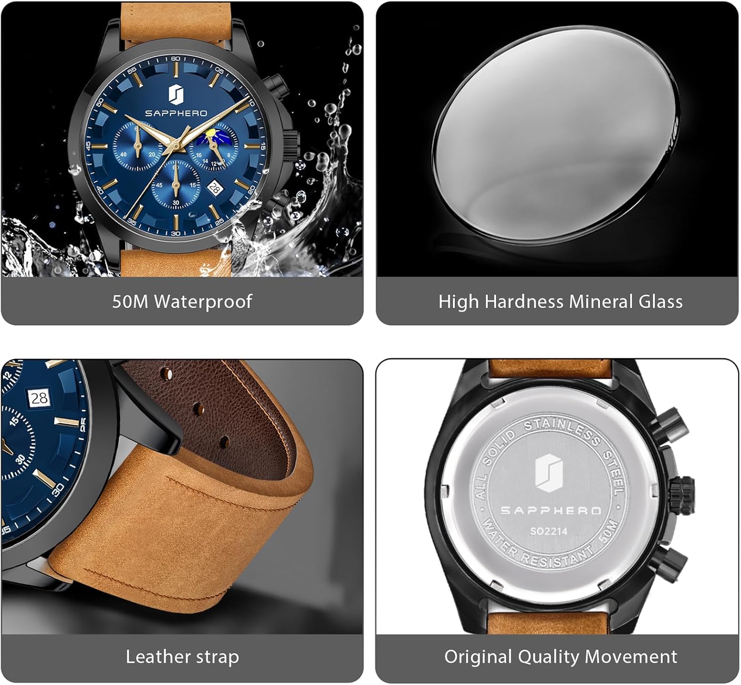SAPPHERO Chronograph Watches for Men, Original Business Casual Stainless Steel Analog Watch 50M Waterproof Luminous Watches with Date Dial, Mens Gift