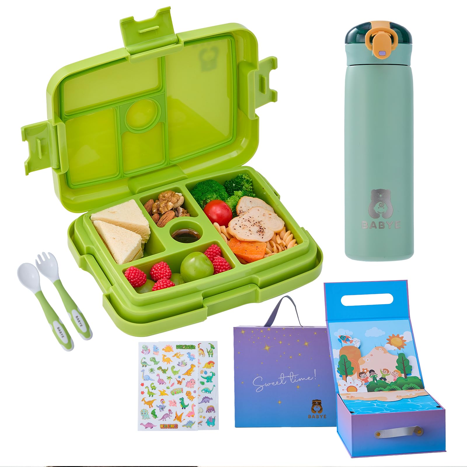 Bento Box for Kids & Insulated Water Bottle Set - Leak Proof, Microwave Safe, BPA Free, 5 Compartments, Dishwasher Safe, Stainless Steel 16 oz, Utensils & Stickers. (Green)