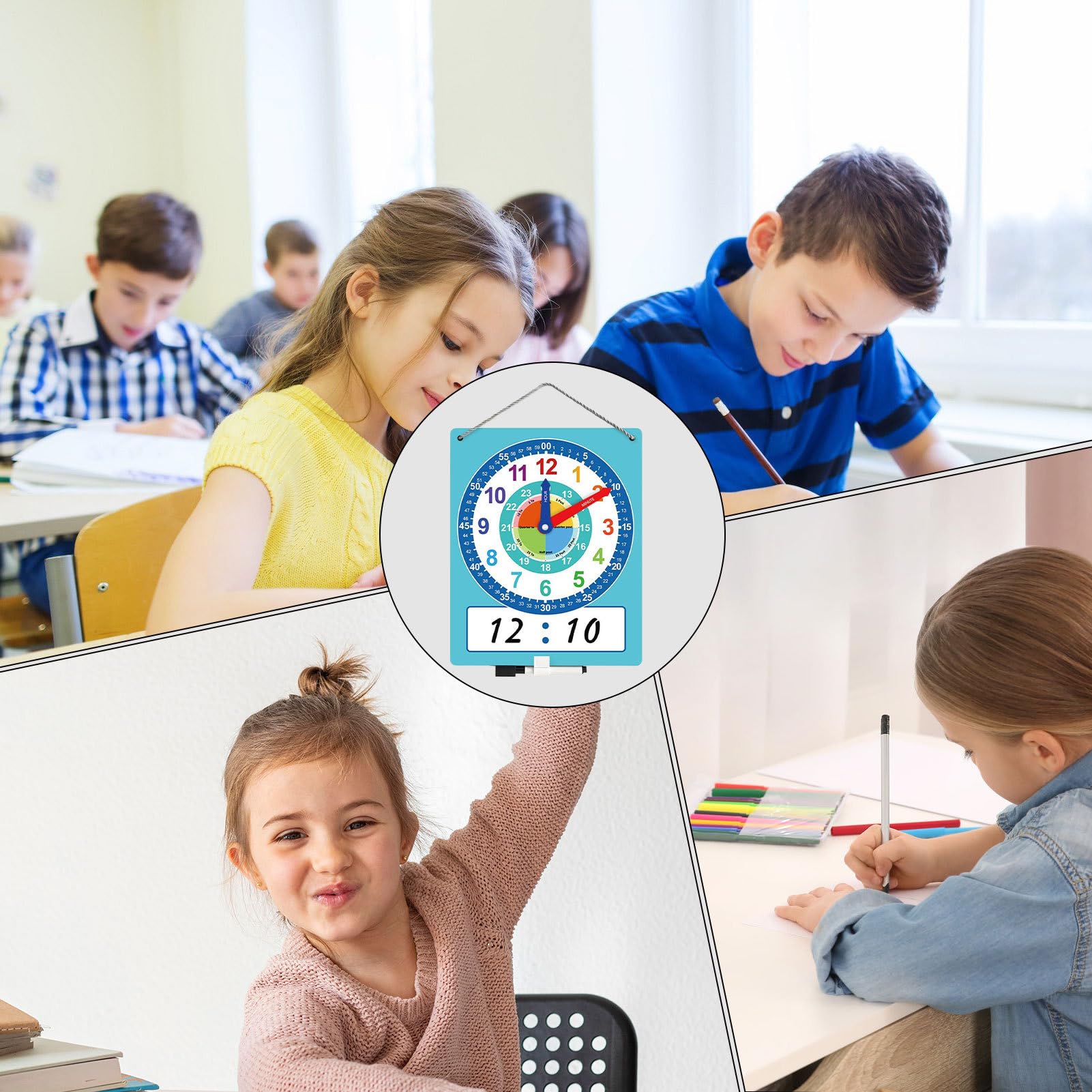 Orologio didattico - Orologio didattico, apprendimento educativo per bambini | Strumento per esercitarsi sul doppio lato con area di scrittura cancellabile a secco, risorsa educativa in stile p