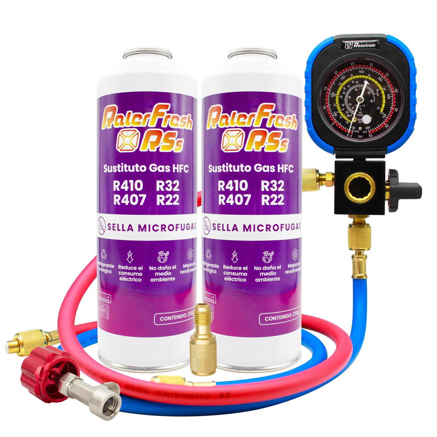 Gas refrigerante organico per aria condizionata tipo Split Ralerfresh RS equivalente a 950 g, sostituzione gas R410, R32, R407 e R22 (2 bottiglie da 230 g + manometro RF31 + adattatore)