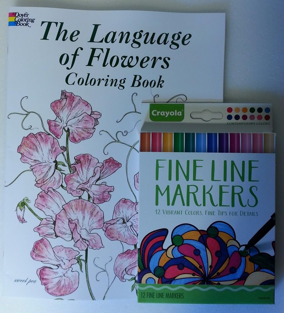 Spring Color Bundle of 2 Items: The Language of Flowers Coloring Book and a Set of 12 Fine Line Markers