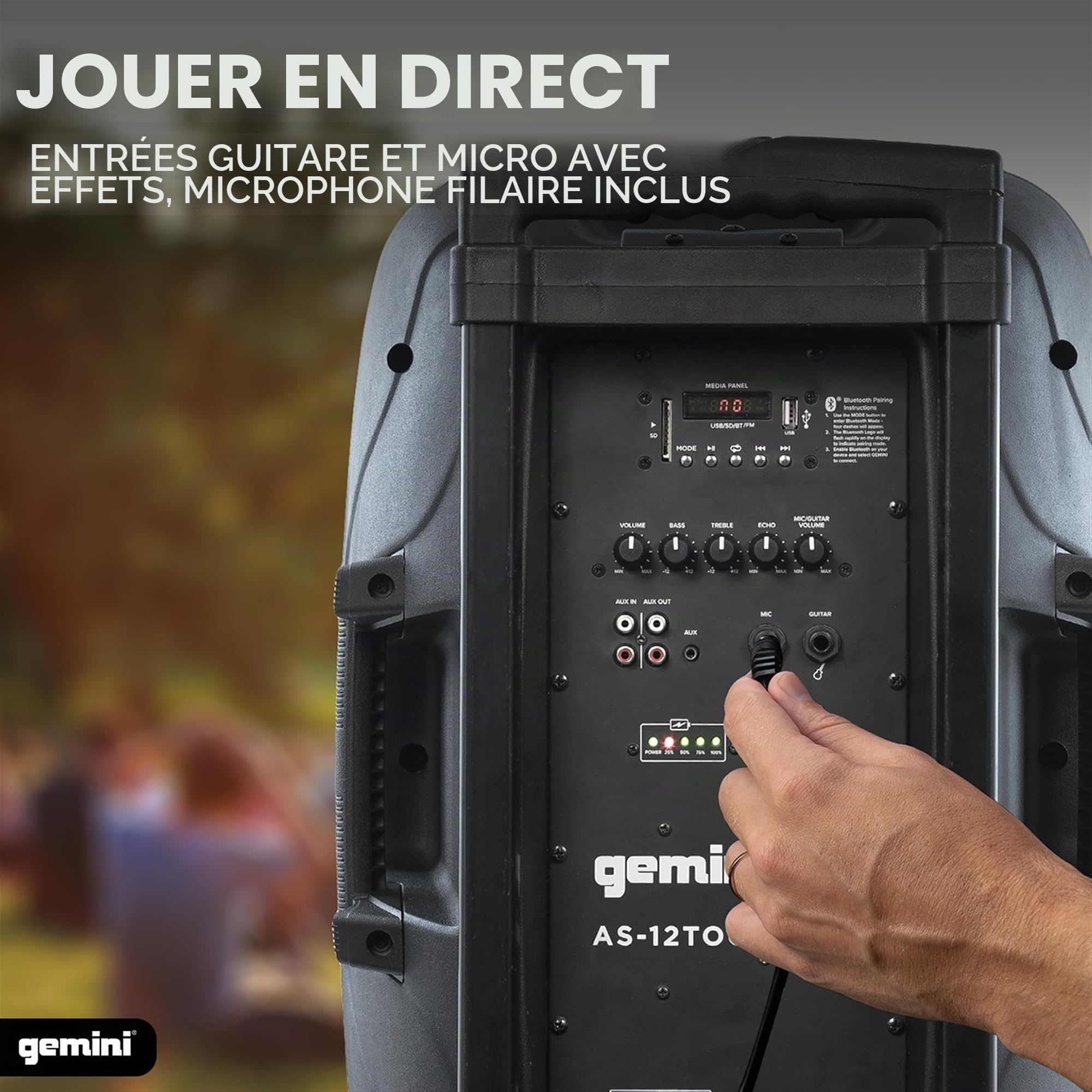Gemini AS-12TOGO 1500W Noir haut-parleur - Hauts-parleurs (2-voies, Avec fil &sans fil, 3,5mm/USB/Bluetooth, 1500 W, 40 - 19000 Hz, Noir)