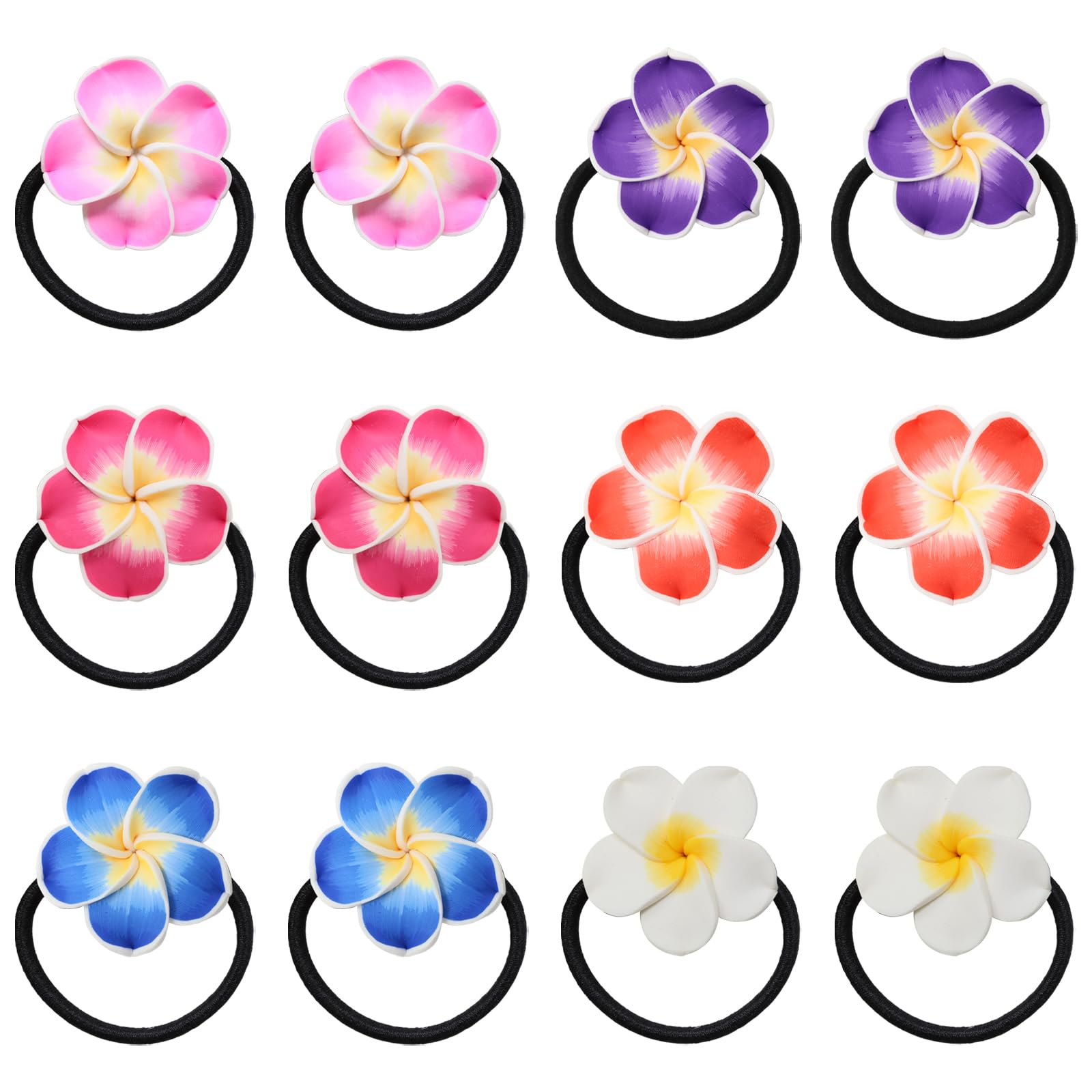Honbay 12PCS Fashion Cute Frangipani Flower Elastic Hair Ties Polymer Clay Plumeria Flower Decorative Hair Ropes Floral Stretch Hair Bands Hair Rings Ponytail Holders Hawaii Hair Accessories for Women