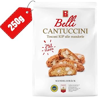 Belli Cantuccini IGP All Mandorle 25% Almonds 1 x 250 g Almond Pastry from Italy Biscuit with Almonds 250 g Packed Pastries Italian Biscuits