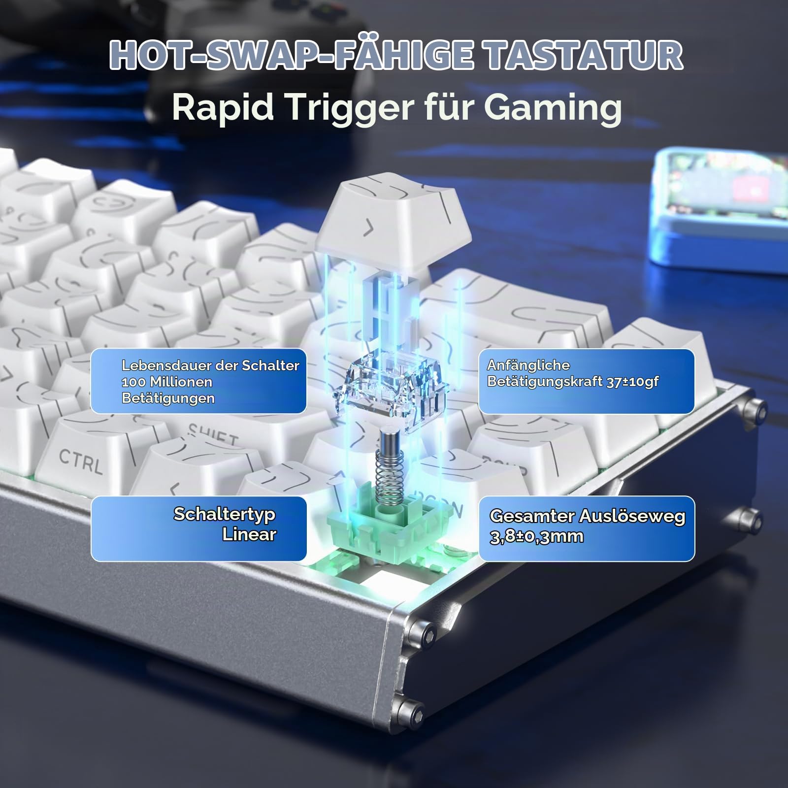 ATTACK SHARK X68MAX HE Vollaluminium-CNC-8KHz-Rapid-Trigger-Tastatur | Magnetschalter, Snap Tap, 0,005mm RT-Genauigkeit, Kabelgebundene RGB-Gaming-Tastatur, C01Ultral-Kabel, PC/Mac, Weiß Konturen