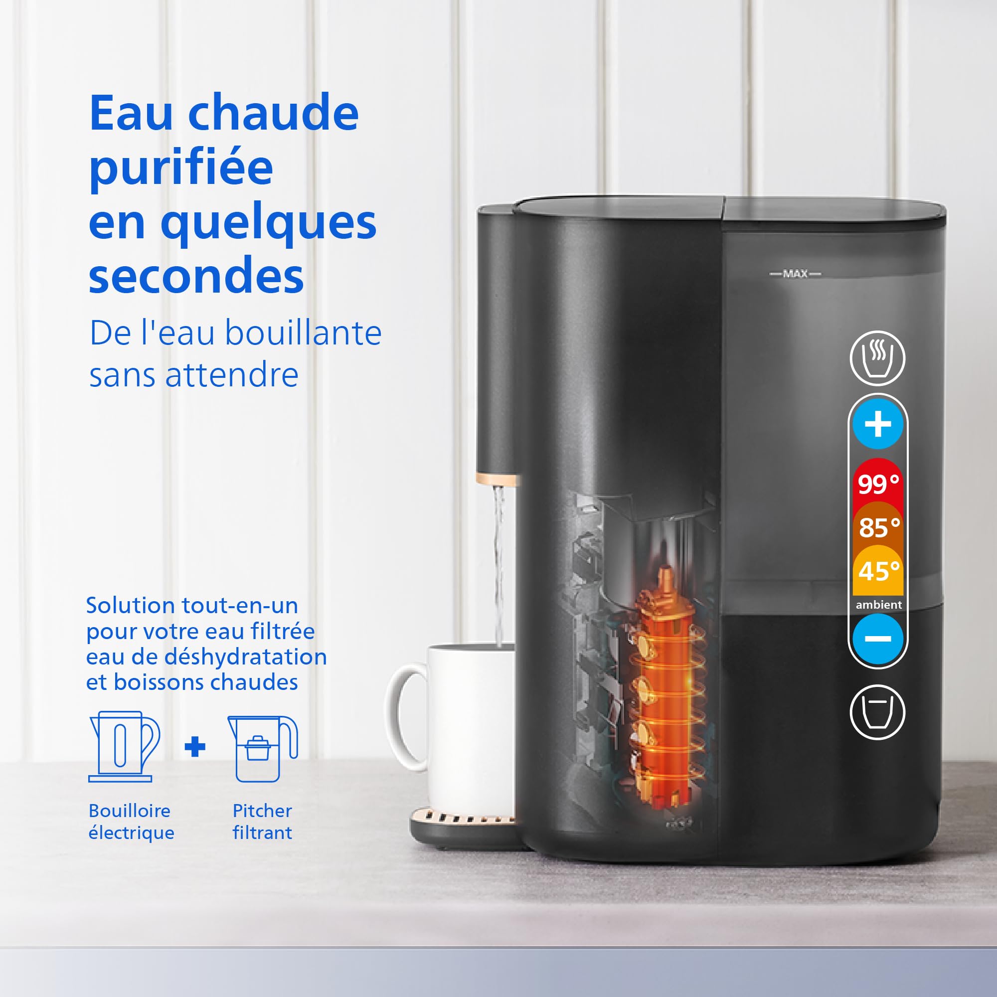 Philips Water Distributeur d’eau à osmose inverse 6100: eau chaude/froide filtrée en secondes, RO 6-en-1 préservant les minéraux, >110 contaminants réduits, ratio 3:1, UV-C, sans installation, 2000 L