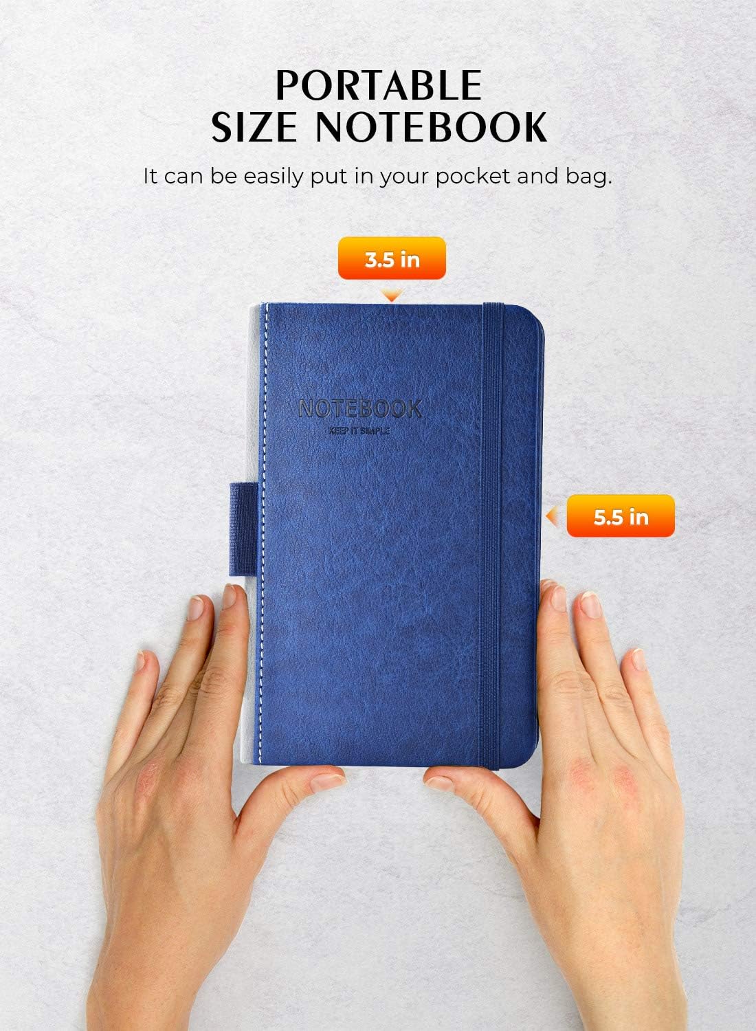 2 Pack Pocket Notebook Small Notebook 3.5"x 5.5", Hardcover Notebook Thick Lined Paper with Inner Pockets, Pen Holder, Marker Ribbons, Cover Letter Embossing Design Mini Journal Notepad Blue Leather