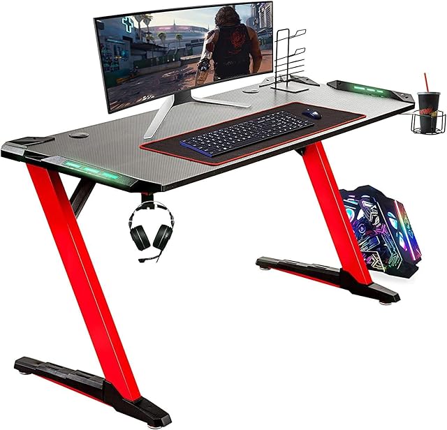 VONLUCE Ergonomic Gaming Desk 48Inch 122 x 61 cm Z Shaped w 6-Colour Lighting, Computer Desk, Gaming Table w Large Mouse Mat, Controller Stand, Cup Holder & Headphone Hook for Home Office,Red