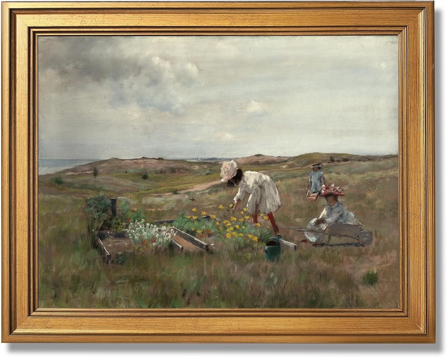 Balsuka Large Framed Wall Art Children Gardening Spring Poster Canvas Print Vintage Classic Rustic Farmhouse Painting Pictures Impressionist Wall Decor for Living Room Bedroom 24X36inch Golden Frame