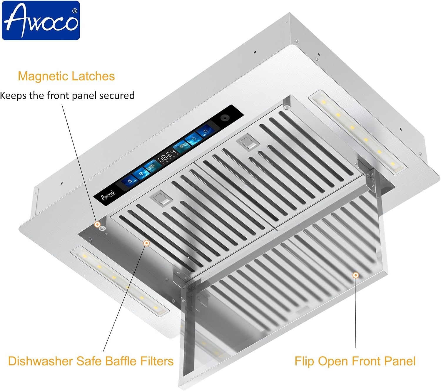 Awoco 30”Wx18.5”D Flush Ceiling Mount Split Insert Range Hood with Voice, Gesture, Touch, Remote Controls, 4-Speed 800 CFM Stainless Steel Hood with 6” Round Vent LED Lights (30"W 6" Vent)