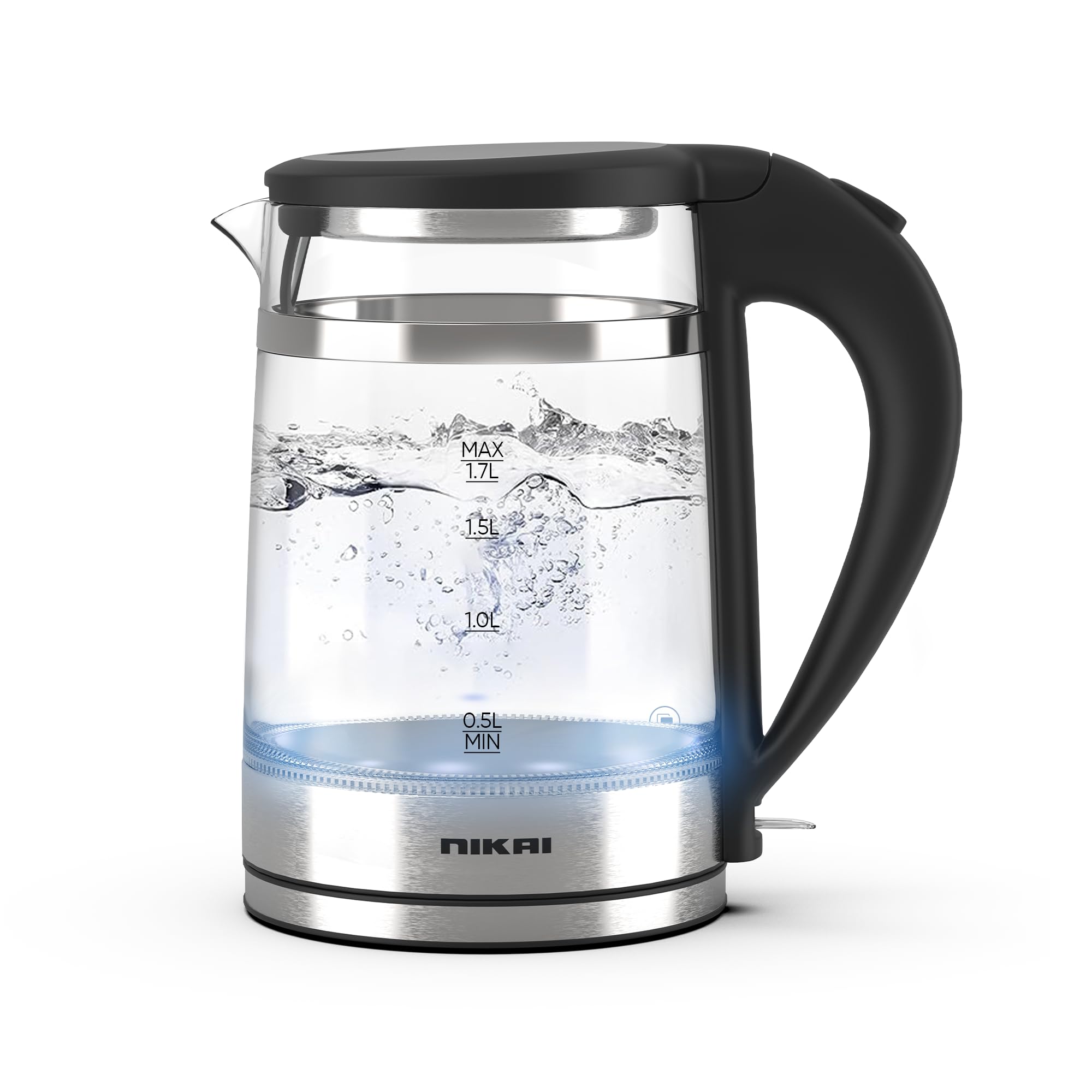 Nikai 1.7L 2200W Electric Glass Kettle, Auto-Shutoff, Double Layer Wall, Cool Touch Safety, Rapid Boil in 2 min, Food-Grade Material, One-Click Lid Operation, Boil Dry Protection, Easy Clean - NK393G