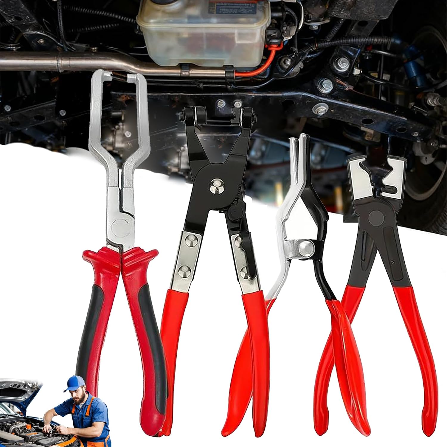 Professional Hose Clamp Kit - 4-Piece Fuel Line Disconnect Pliers Set, Automotive Electrical Disconnect & Hose Remover Caliper Tools