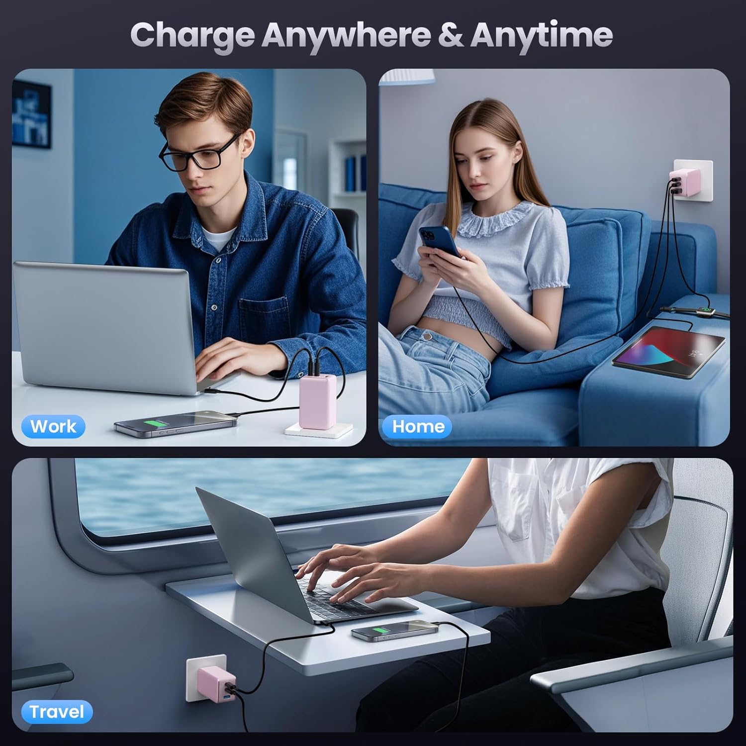 130W USB C Charger Block,GaN 3-Port Compact Wall Charger,Foldable Fast Charging Station,PD 65W USB C Laptop Charging for MacBook Pro/Air, Dell XPS, iPhone 16/15/14/13,iPad Pro,Galaxy S24 (Pink) - Image 7