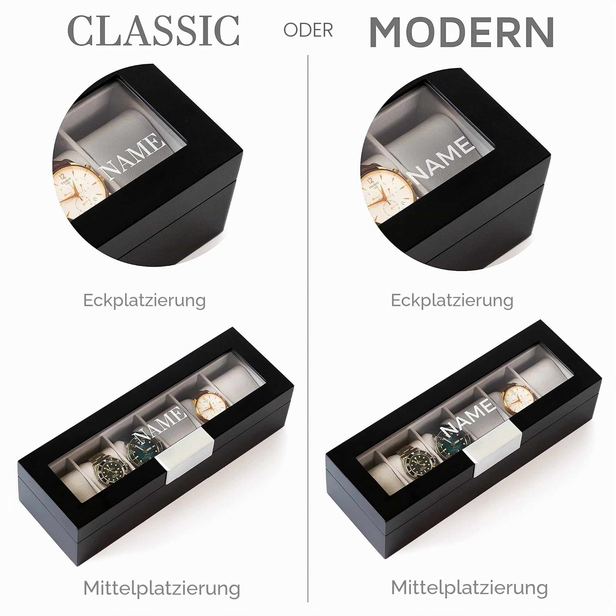 CASE ELEGANCE Collection Edle Uhrenbox aus Holz für 6 Uhren mit Vitrine - Schwarz (Metallclip)