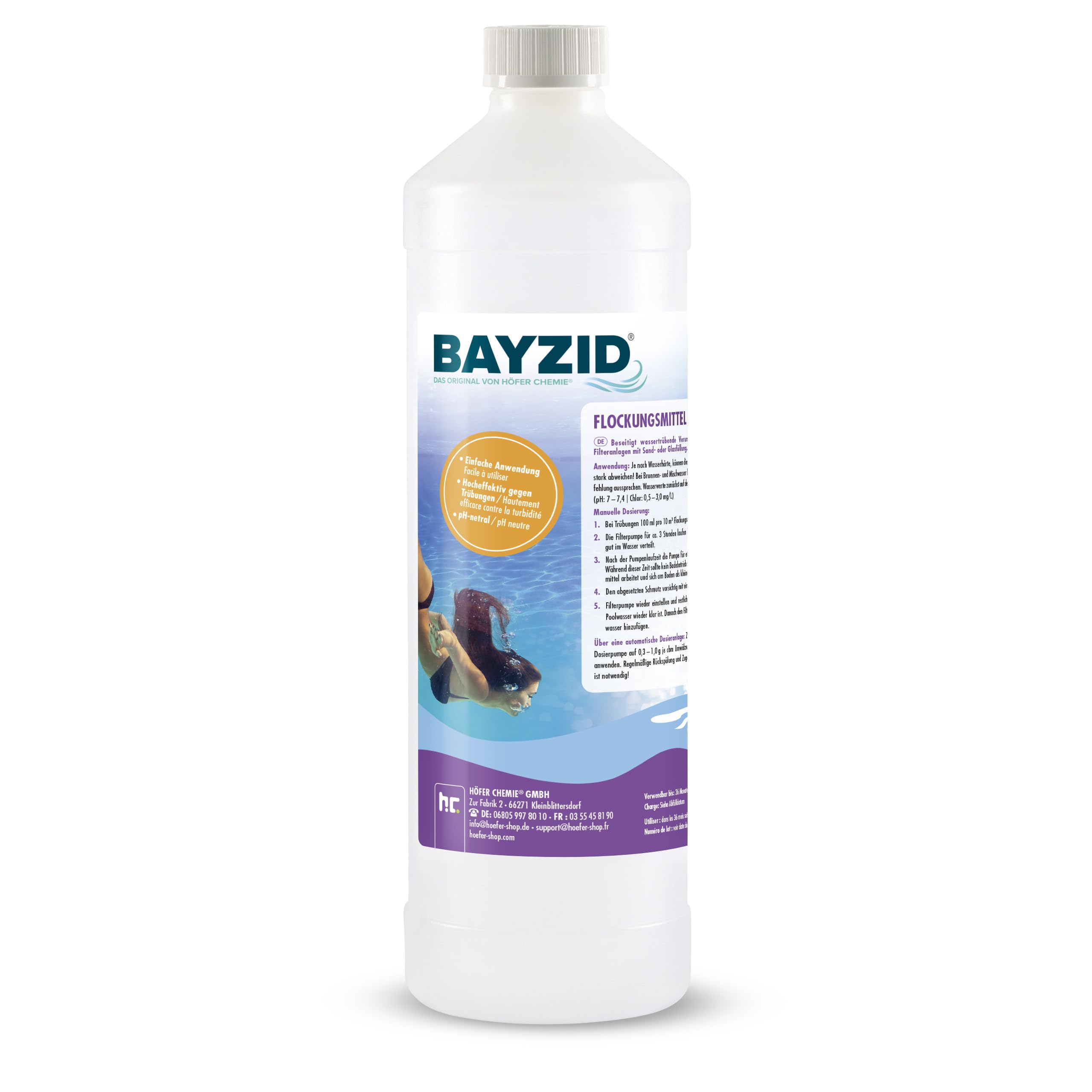 Höfer Chemie BAYZID® 1 Litre Floculant Liquide pour Piscine - Clarifiant Ultra - Efficace pour Eau Limpide, Compatible Filtres à Sable, Fabriqué en Allemagne