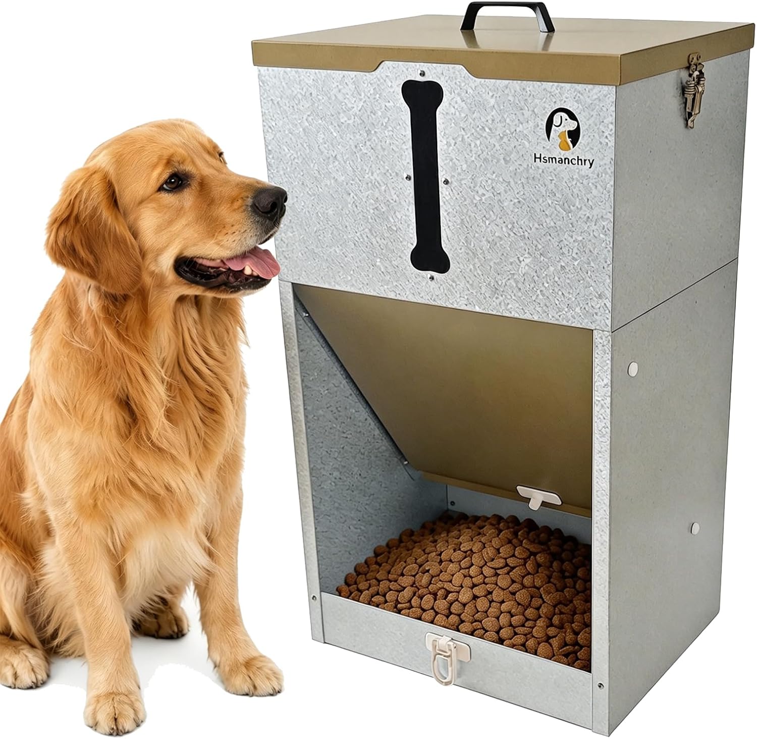 60 lb Automatic Dog Feeder Outdoor Gravity Feeder for Large Dogs | Easy food-level checks, simple latch closure, wall or fence mounting, champagne-gold finish