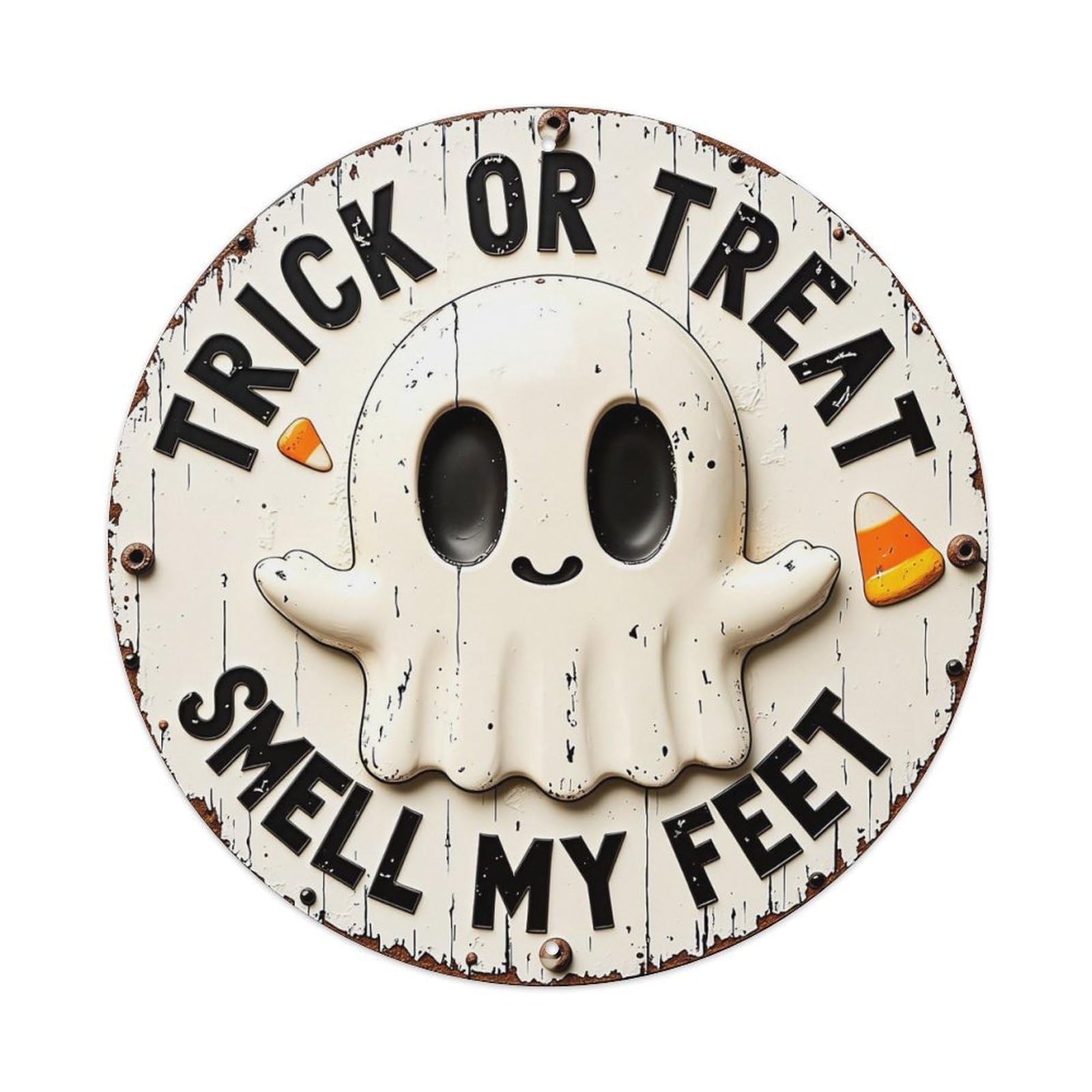 Jdyaojiesheng Vintage Trick Or Treat Smell My Feet Round Tin Sign Retro Metal Wall Decor Metal Poster, Home Bar Garage Farmhouse Cafe Wall Art Decoration 8X8inch