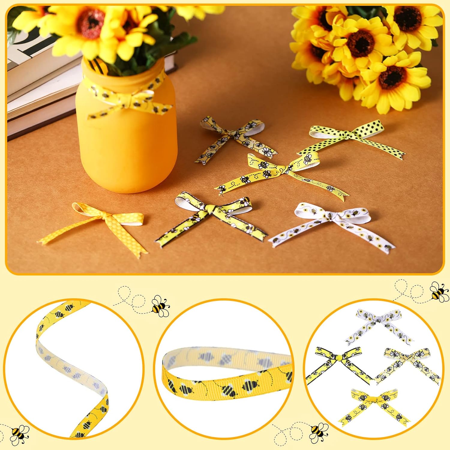 Jutom 15 Rolls 60 Yards Spring Bee Ribbons Honey Bee Flowers Yellow Gnome Grosgrain Stripes Dots Bow Wreath Ornaments Summer Decorations for Gift Wrapping DIY Craft Party Favors(3/8 Inch) (Pack of 2)