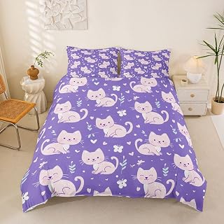 Feelyou Cute Cats Duvet Cover King Size Kawaii Pets Bedding Set for Boys Girls Floral Cats Comforter Cover Bedroom Decor 3Pcs No Comforter Zipper Closure with 2 Pillowcases