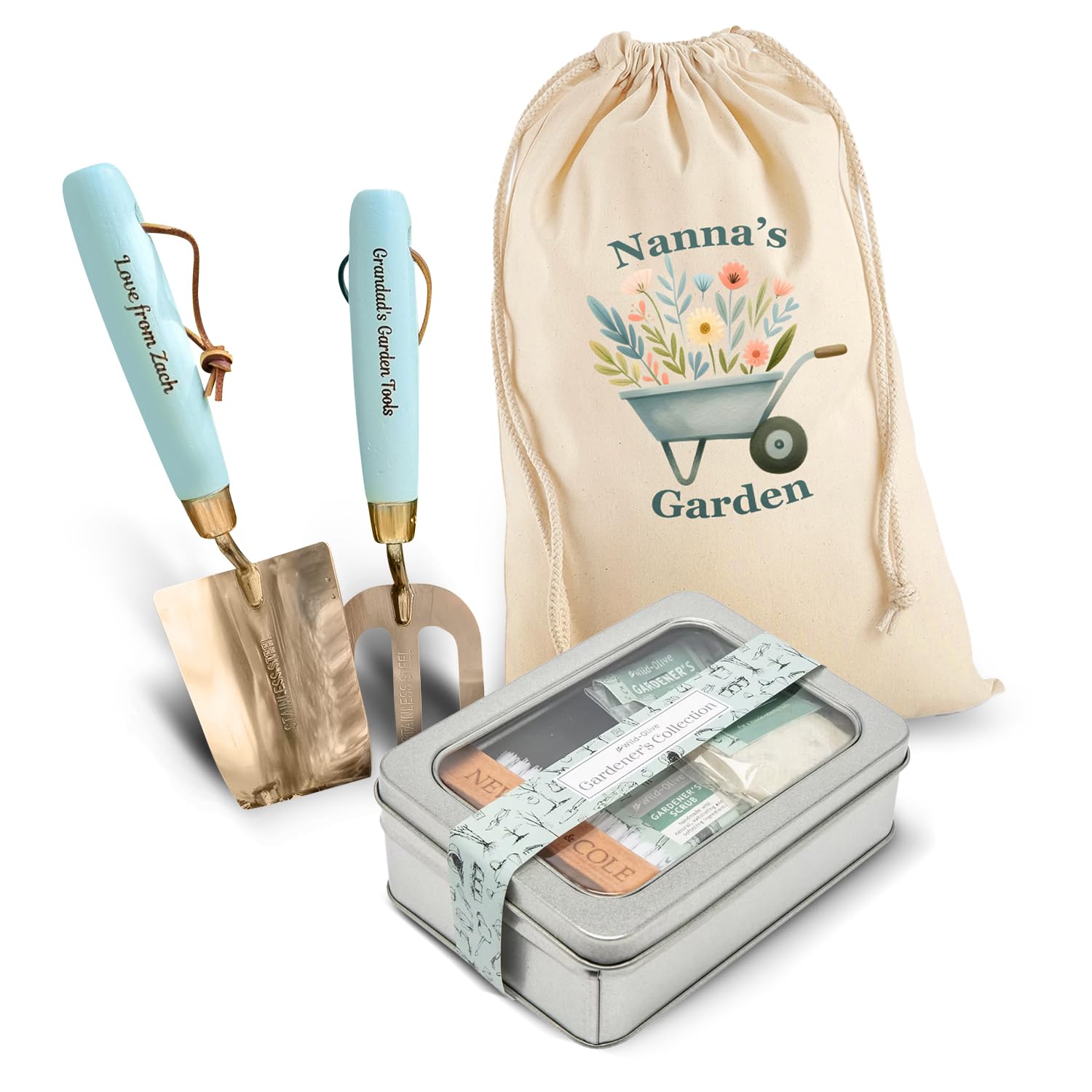 Garden Gift Set - Engraved Garden Tools + Gardening Wash Tin + Personalised Gift Bag Gift For Mum, Dad, Nana