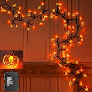 [ 8 Modes & Timer ] 6 Ft 54 LED Halloween Willow Vine Twig Decor Garland with Pumpkins Orange Lights Waterproof Battery Operated Halloween Decorations Branches Garland for Wall Bedroom Home Fireplace