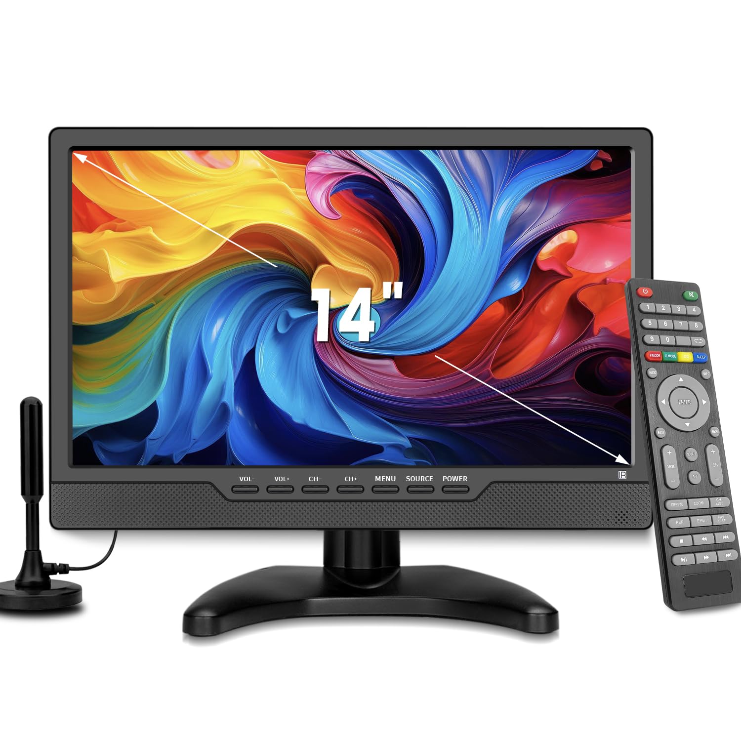 Jexiop TV LED HD da 14 pollici, televisore portatile con ingresso HDMI, sintonizzatore digitale integrato, HDMI/USB/DC-12 pollici, per camera da letto, cucina, camper, include telecomando (nero)
