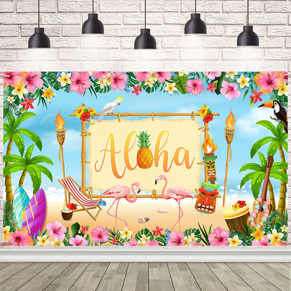 AIBIIN Summer Aloha Luau Party Backdrop Hawaiian Flamingo Background Palm Leaves Floral Wood Decor Banner Summer Beach Banner Background Photography