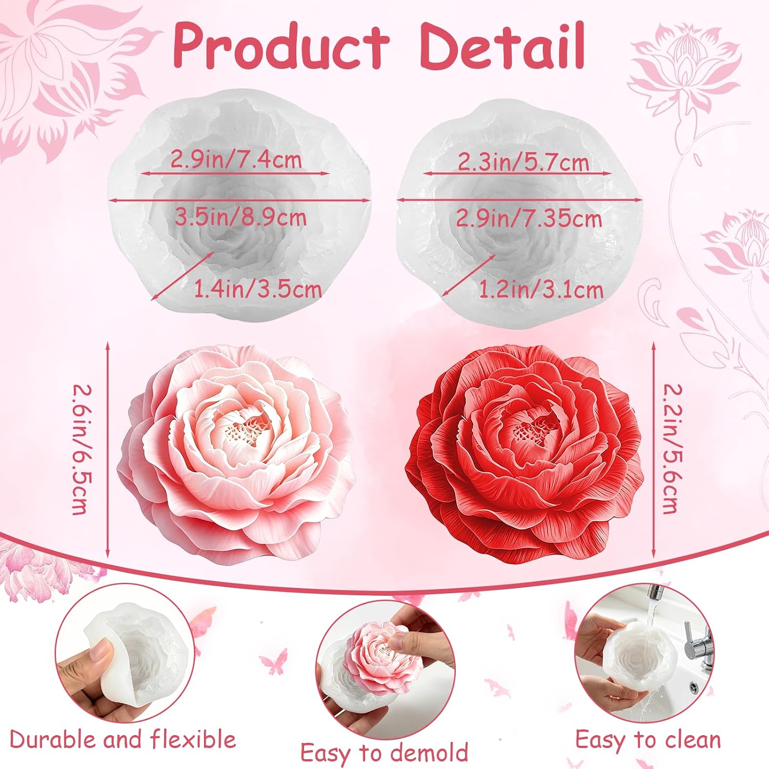Peony Candle Mold 2Pcs 3D Peony Flower Silicone Molds Floral Silicone Mold Peony Fondant Cake Decoration Mold for Cupcake Jelly Chocolate Candy Soap Ice Cube Epoxy Casting Resin Craft Mould