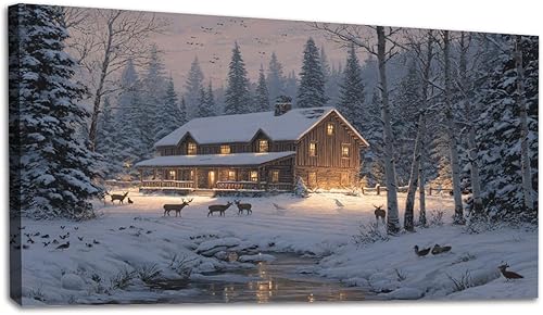 20"x 40" Canvas Wall Art Winter Farmhouse Golden Rustic Animal Deer Vintage Log Cabin Framed Pictures Painting Prints Large Wall Art for Living Room