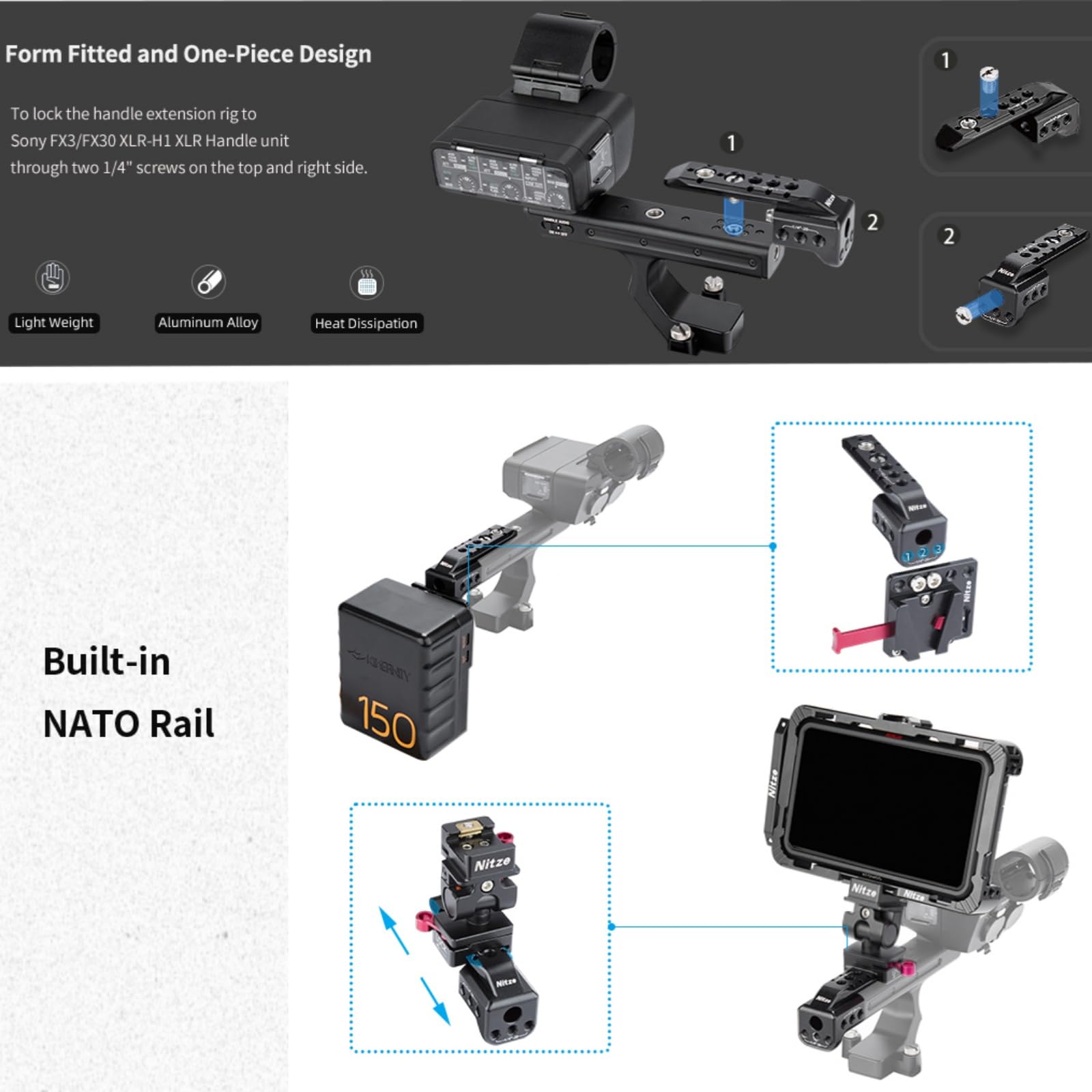 Accesorio Cámara Video Sony Fx3 Nitze FX3 / FX30 XLR Extensión Rig Compatible Con / FX30 XLR-H1 XLR Unidad De Mango, Handle Extension Para FX3 / FX30 XLR Con Incorporado - T-S08B