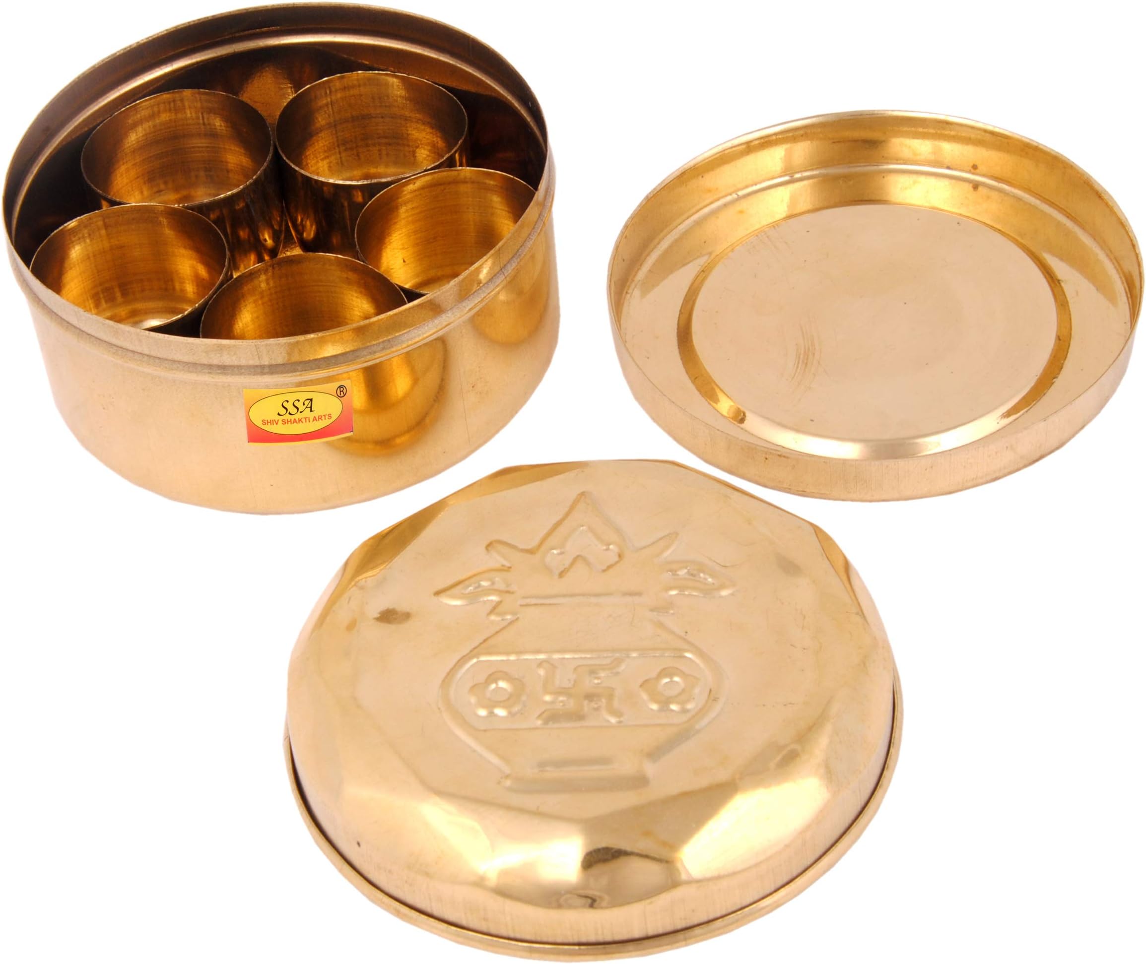 Shiv Shakti Arts® Pure Brass Puja Box - Small Mandir Roli/Chawal/Kumkum Puja Box/Dibbi with 5 Containers (Small | Diameter - 8.8 cm) (Brass Puja Box)