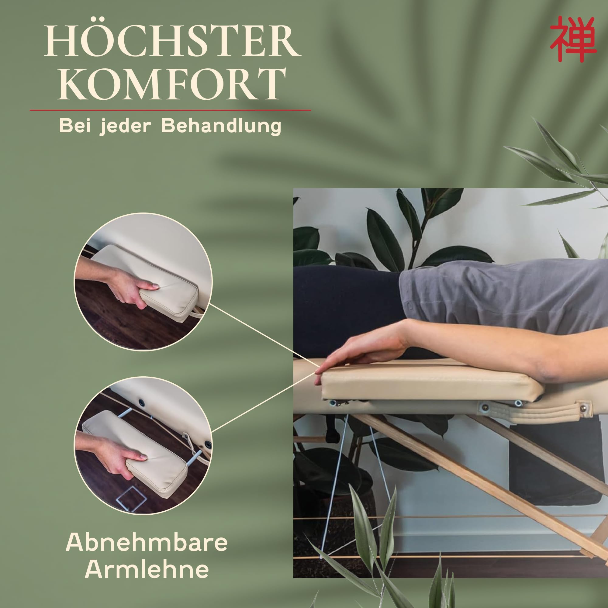 ZEN BASIC III Massageliege klappbar & mobile Massagetisch aus Holz, stabile Massagebett - Massagebank höhenverstelbar, Tattoo & Kosmetikliege, Behandlungsliege mit Kopfteil, Armstütze & Tasche (Creme)