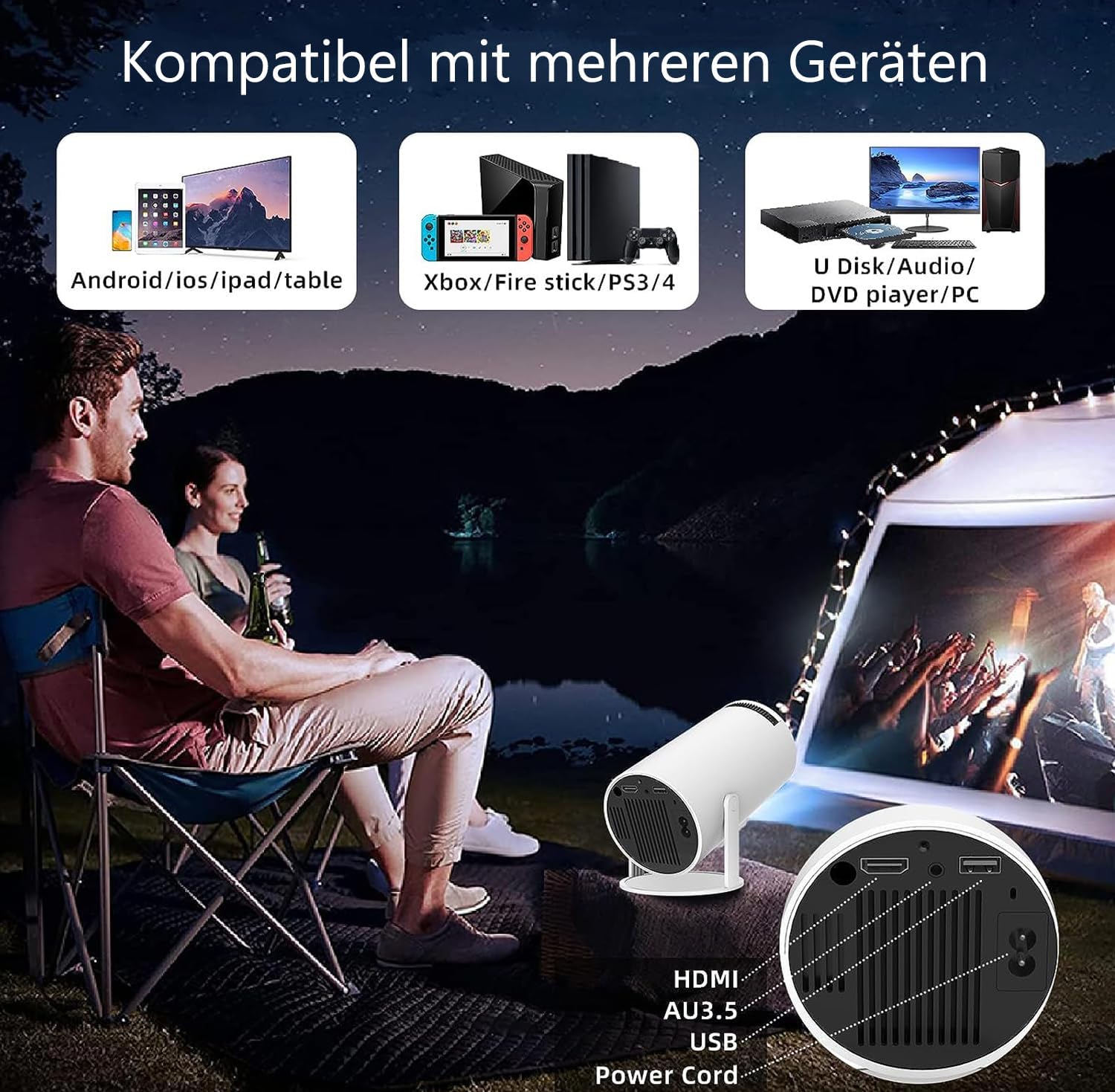 WOOPKER Mini proiettore 4K Supports Android 11, Mini Projector 5G WiFi 6 BT 5.0, proiettore cellulare da esterno con rotazione di 180° 130 pollici, adatto per phone/TV Stick/PC/HDMI USB (HY-300Pro)