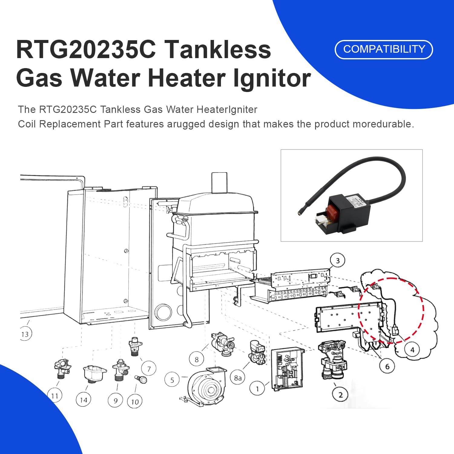 RTG20235C RTG20235BC Tankless Gas Water Heater Ignitor Coil Replacement Parts Compatible with Rheem Tankless Water Heater Parts and Richmond Ruud Replace for PLM-112