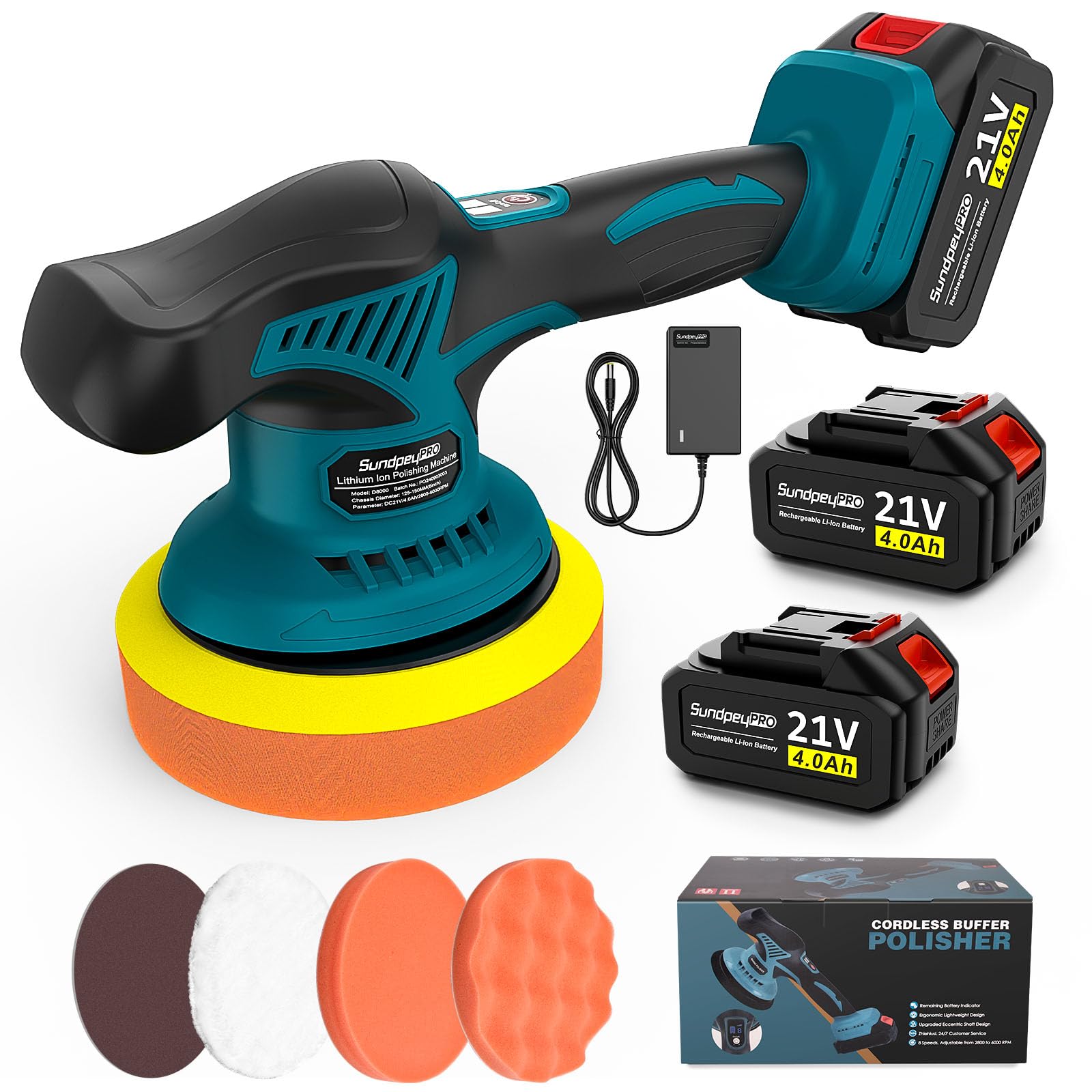 21V Pulidora Coche Inalambrica, Pulidora Orbital Coche de 6" con 2 Baterías 4000mAh, 8 Velocidades, 6000RPM, Pulidora Coche para Detallado, Corrección de Pintura y Abrillantado