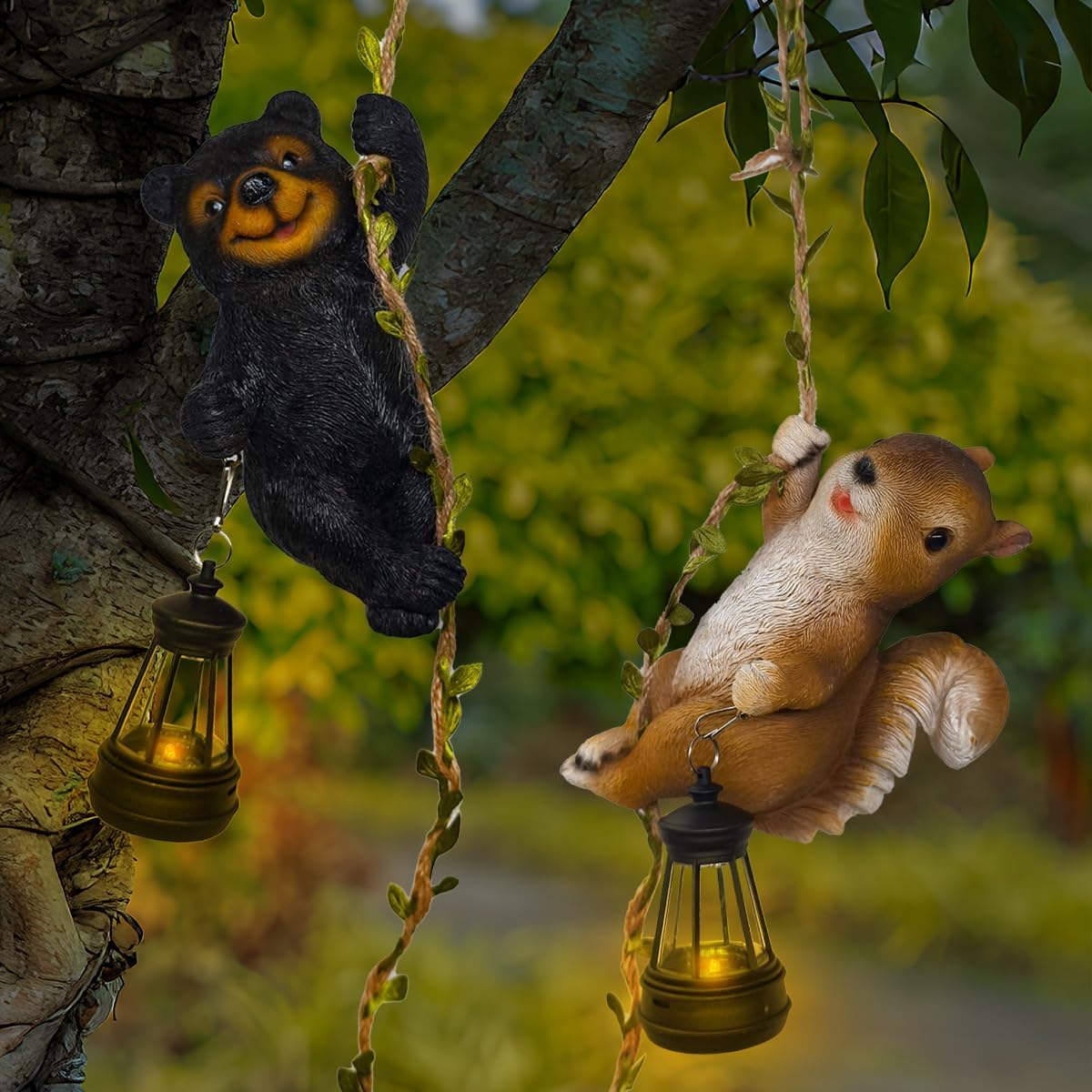 2PCS Solar Light Outdoor Statues, 6.7" H Resin Raccoon and Squirrel Climbing On A 24.8" L Vine with LED Lantern, Waterproof Hanging Solar Squirrel Figurine for Balcony Garden Yard Wall Tree Decoration