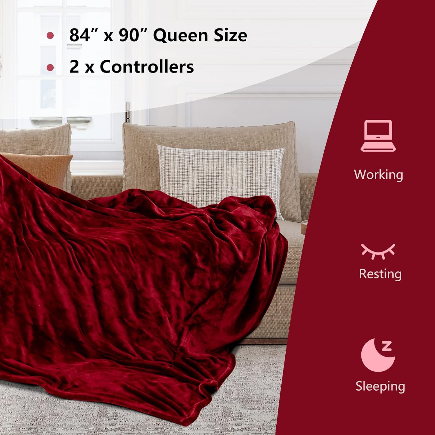 Giantex Queen Size Flannel Heated Blanket w/ 10 Heating Levels, 12H Auto Off, ETL Certified & Machine Washable, Thermal Blanket for Bed, Couch, Red