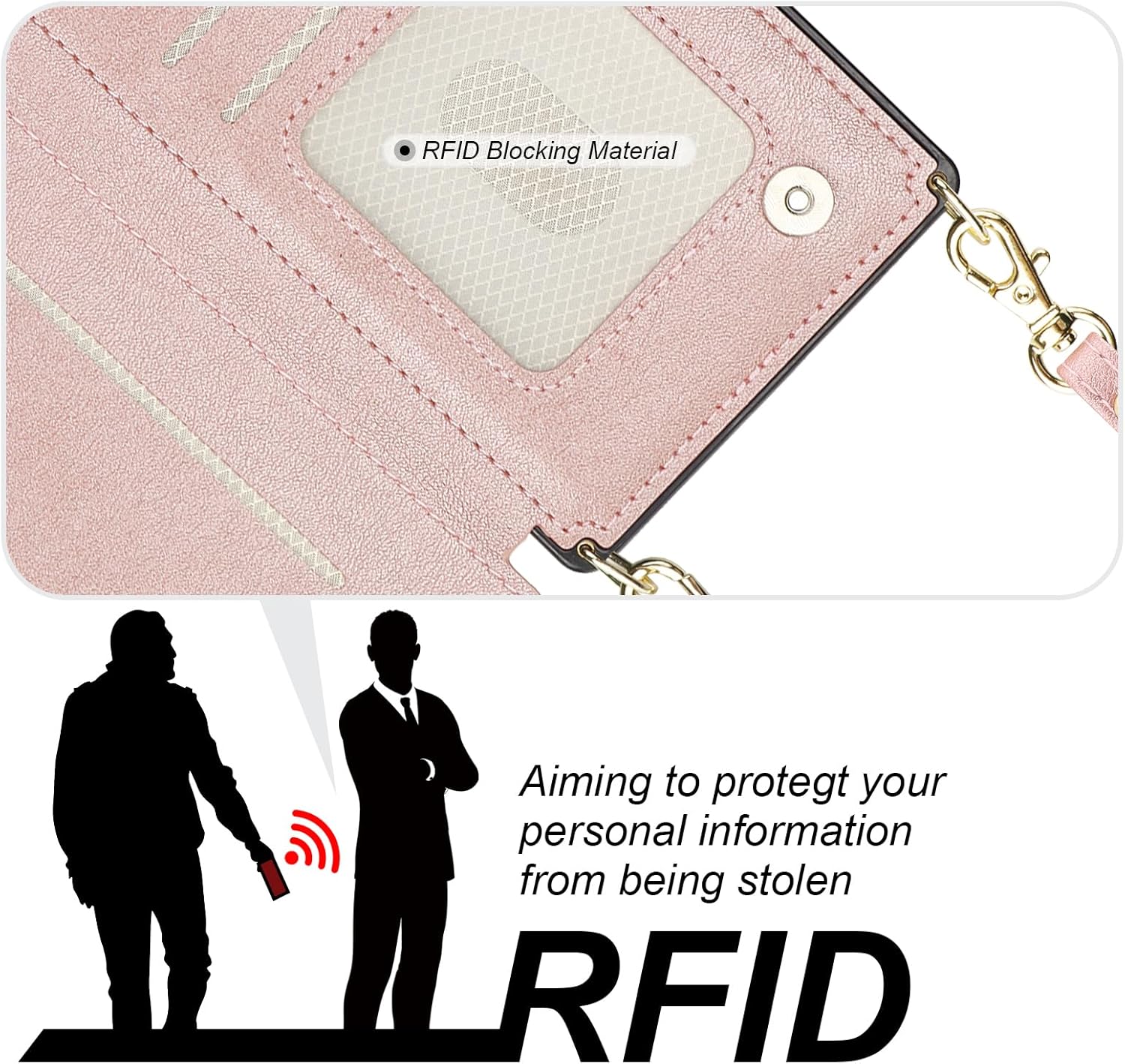 Bocasal Crossbody Wallet Case for iPhone 15 Pro with RFID Blocking Card Slot Holder, Magnetic Flip Folio Purse Case, PU Leather Zipper Handbag with Detachable Lanyard Strap 6.1 Inch 5G (Rose Gold)