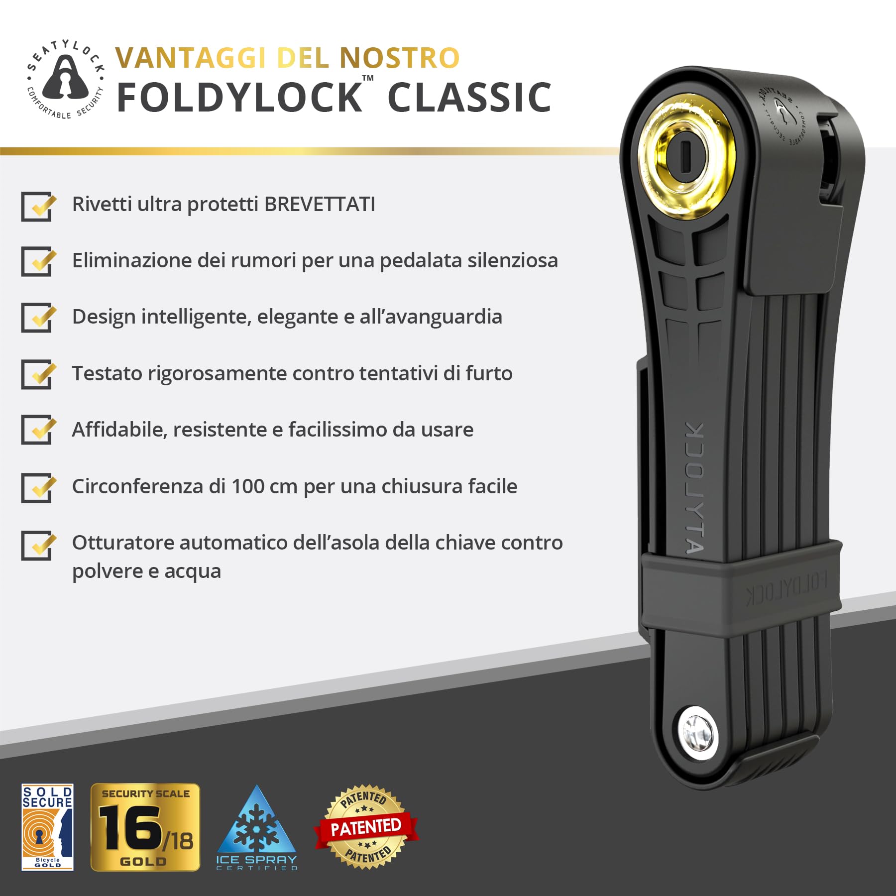 Seatylock FoldyLock Classic - Lucchetto pieghevole per bicicletta, brevettato, elegante, ad alta sicurezza, resistente, antifurto, con chiavi per e-bike e bici da città, 100 cm