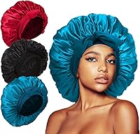 Vista 20 de 3 gorros para dormir, gorro de seda extra satinado para mujeres que duermen con banda de amarre para cabello rizado, trenzas de capó jumbo