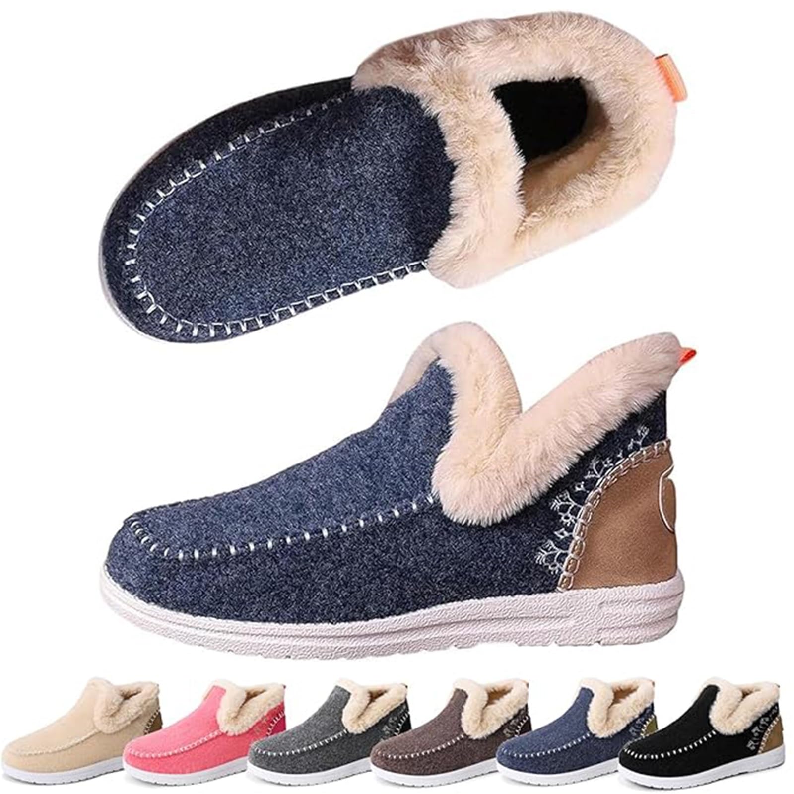 Fleece Slip-On Boots Warm Plush Lined Non-slip Flat Shoes Womens Winter Ankle Boots for Middle-Aged Elderly