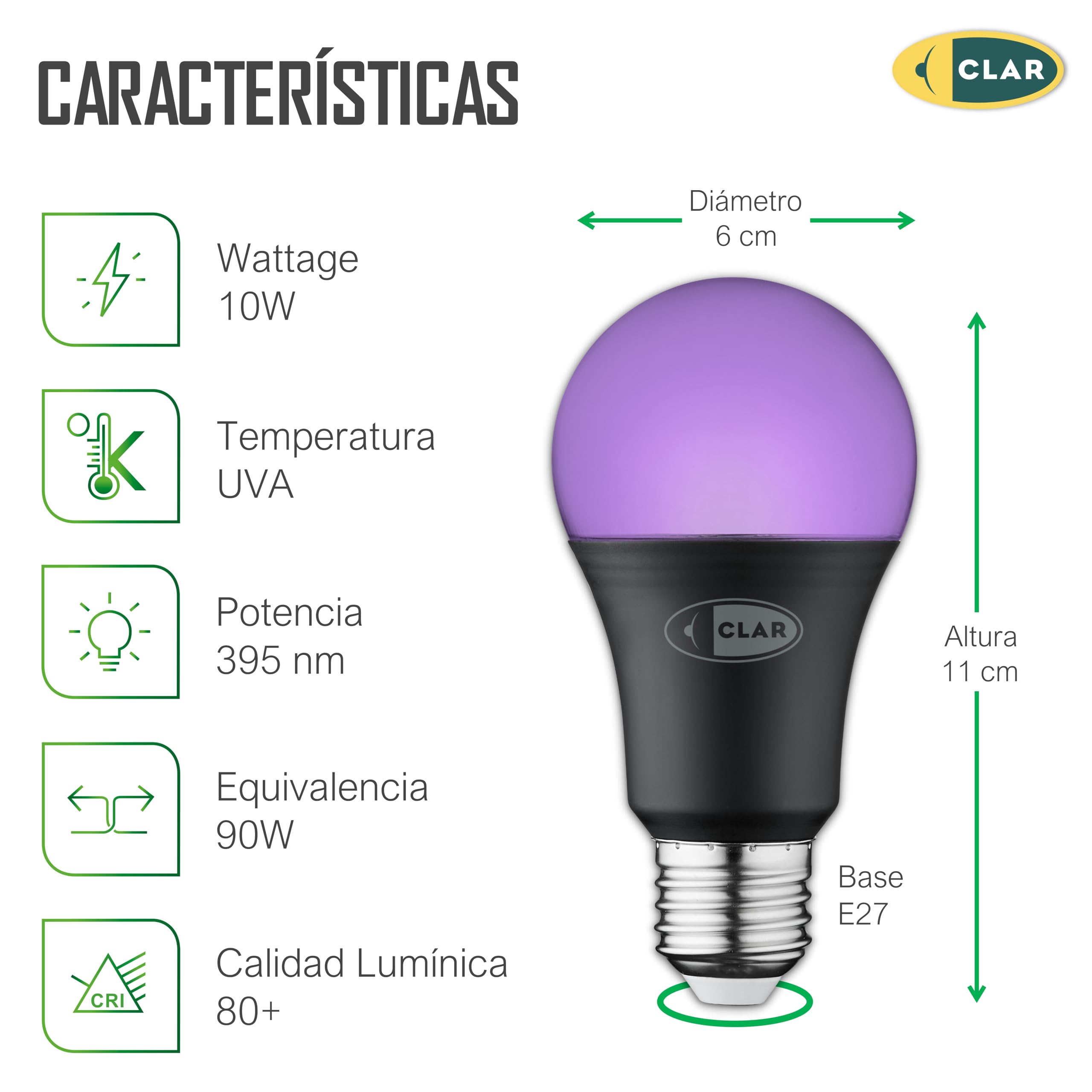 CLAR - Bombilla UV, Iluminación Halloween, Discoteca, Luz Negra Ultravioleta (Pack 5)