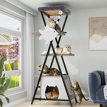 HavenlyYouth Modern Cat Tree for Indoor Cats, Tall Cat Tower with Condo, Multi-Level Cat Tree with Cave, Scratching Board,Removable Pads for Cats, X Style, Light Gray