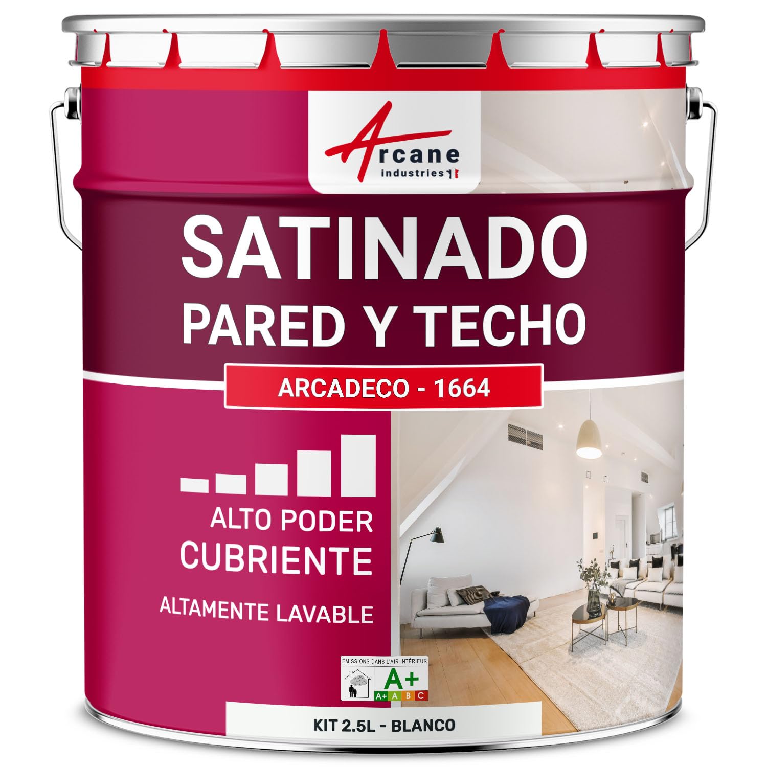 Pintura Pared Satinada Lavable Paredes y Techos - ARCADECO 2,5 L Blanco | Pintura Pared Satinada, Alto Poder Cubriente, Lavable, Secado Rápido, Paredes y Techos - Arcane Industries