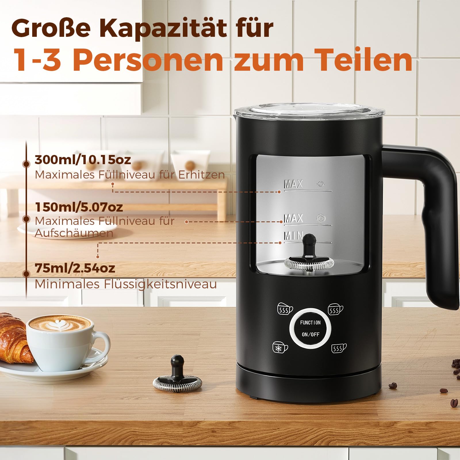YASHE 4-IN-1 Edelstahl Milchaufschäumer, 10oz/300ml Milchschäumer für Perfekte Lattes, Cappuccinos, Macchiato & Heiße Schokolade, Schnell & Einfach zu Reinigen, mit Dichtem Samtigem Schaum