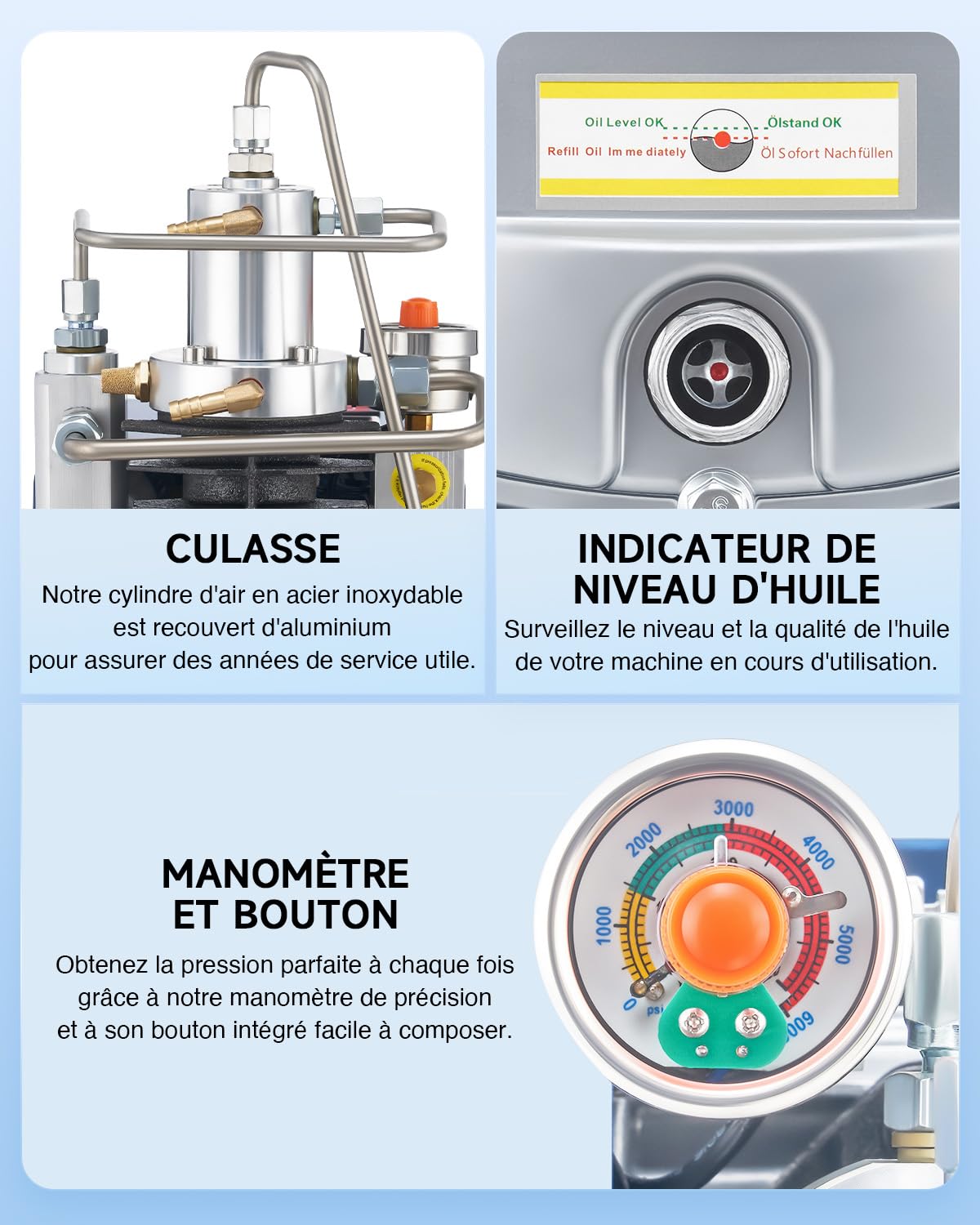 CREWORKS Compresseur à Air Portable Haute Pression 1800W Pompe Air PCP Électrique 310 Bar 50L/min avec Manomètre pour Pistolets à Air pour Bouteille Plongée Réservoir Paintball (Pression Réglable)