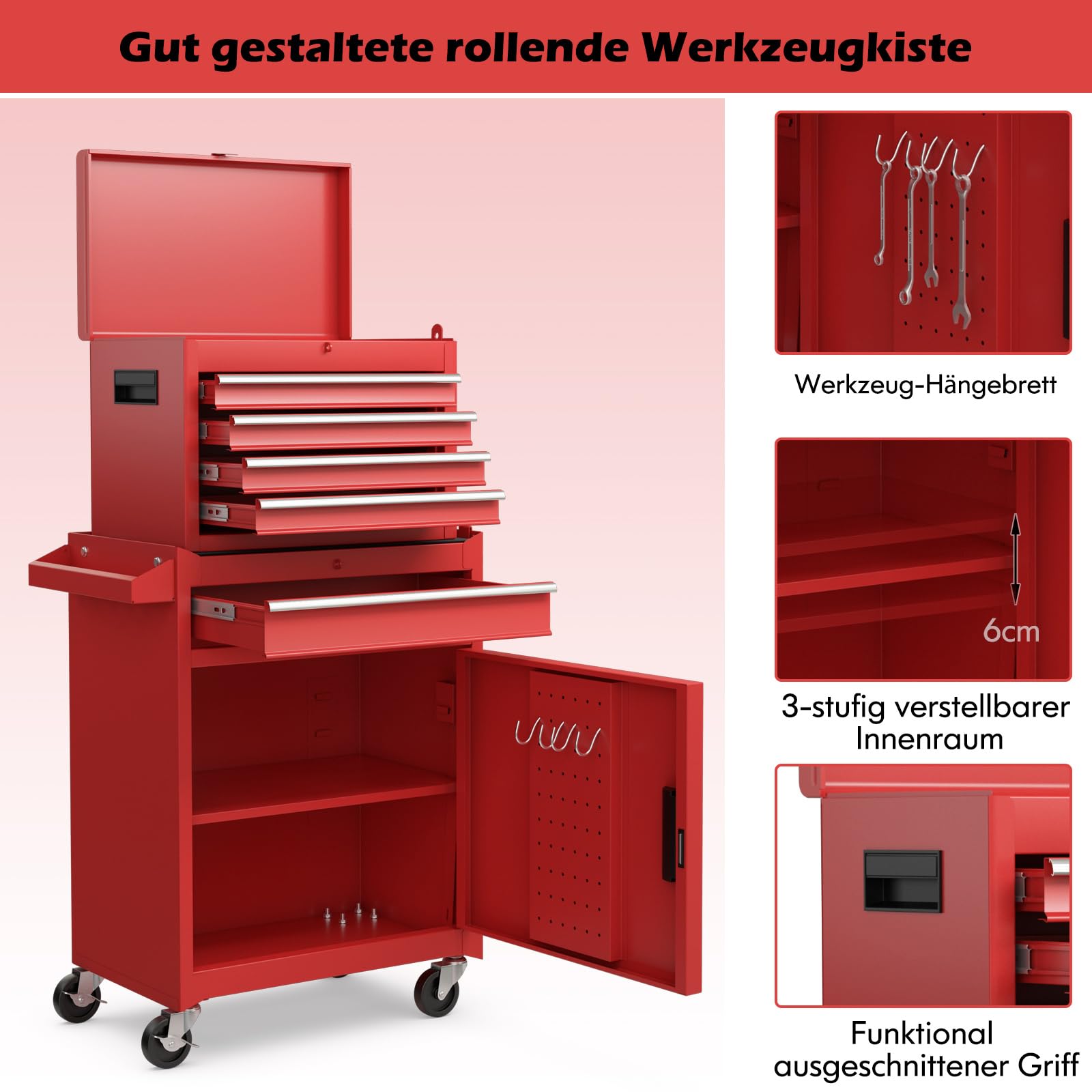 COSTWAY 2 w 1 wózek warsztatowy, w zestawie z walizką i 8 półkami oraz hakami i regulowanym regałem, zamykany wózek narzędziowy na kółkach bez narzędzi, profesjonalny wózek warsztatowy z metalu