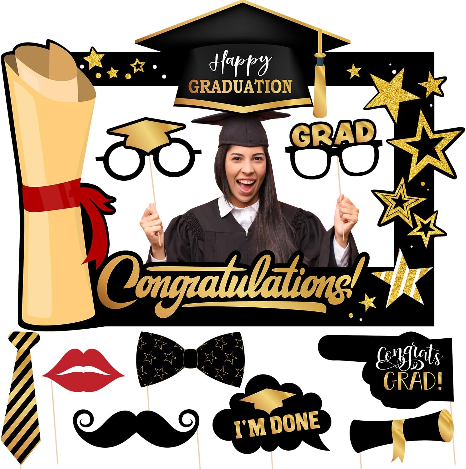 ssailue decor Graduation Photo Booth Props Black and Gold Graduation Party ations 2023 Large Graduation Photo Frame Props Class of 2023 Grad with Sticks for Graduation Party Favors Supplies