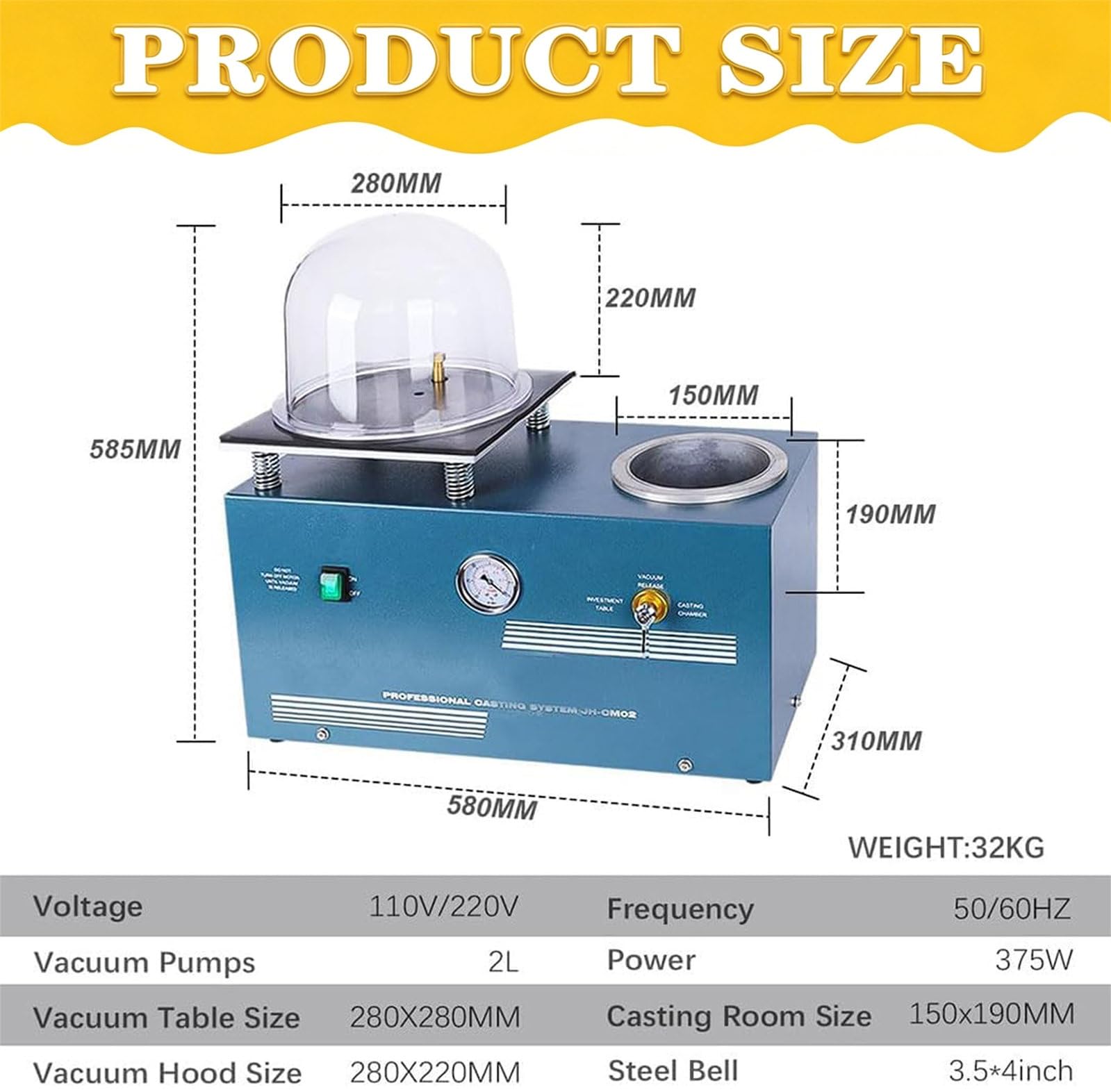 Máquina de fundición al vacío, Horno de fusión de Oro con Pantalla Digital de 2 litros y Tapa de vacío, máquina de Soldadura de joyería para el procesamiento de moldes.